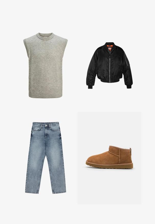 Sort bomberjakke lavet af skinnende nylonstof med ribbede manchetter, en lynlås fortil og en orange foring. Har en lynlåslomme på ærmet.; Lys grå strikket ærmeløs sweater vest med ribbet rund hals, armhuler og kant.; Lysblå denim jeans med lige ben, synlig syning, fem lomme-design og knaplukning ved taljen.; Sandal mellemhøje støvler i tan ruskind med en rund tå, subtile syninger og en tekstureret gummisål. Kort højde uden snørebånd.