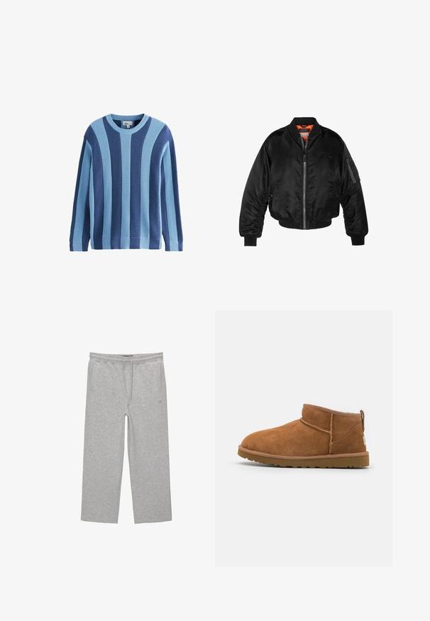 Jachetă bomber neagră dintr-un material nylon lucios, cu manșete ribbed, deschidere cu fermoar și căptușeală portocalie. Prezintă o buzunare cu fermoar pe mânecă.; Pulover tricotat cu texturi alternante în nuanțe de albastru deschis și închis, cu decolteu rotund și manșete și tiv ribbed.; Pantaloni de lounge gri din bumbac, cu un brâu elastic, șnur și două buzunare laterale; design cu picior drept, textură moale, fără modele.; Botină antrenașă din suede bej, cu vârf rotund, detalii subtile de cusătură și o talpă din cauciuc texturată. Înălțime scurtă fără șireturi.