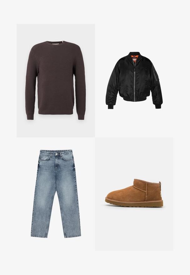 Μαύρο μπουφάν bomber φτιαγμένο από γυαλιστερό νάιλον ύφασμα με ριβέ τσέπες, φερμουάρ μπροστά και πορτοκαλί επένδυση. Διαθέτει τσέπη με φερμουάρ στο μανίκι.; Σκούρο καφέ ριγωτό πλεκτό πουλόβερ με στρογγυλή λαιμόκοψη, μακριά μανίκια και κομμένα μανίκια.; Ανοιχτό μπλε τζιν παντελόνι με ίσια γραμμή, ορατές ραφές, σχέδιο με πέντε τσέπες και κλείσιμο με κουμπί στη μέση.; Ταμπούρ βραχιόνι από σουέντ χρώματος καφέ με στρογγυλή μύτη, διακριτές ραφές και υφή από καουτσούκ στη σόλα. Μικρό ύψος χωρίς κορδόνια.