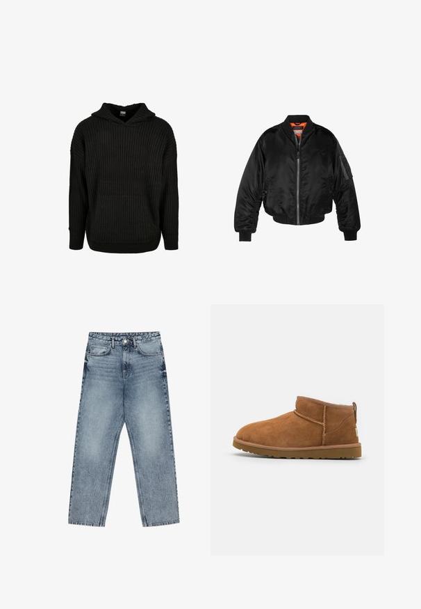 Must noirist bomber-jakk, mis on valmistatud läikivast nailonist kangast, ribikätistega, lukk ees ja oranž vooder. Omab lukuga taskut varruka peal.; Must mustriba kootiga, millel on ees tasku ja reguleeritav kapuuts. Omab laia lõiget ja tekstuurset mustrit kangal.; Heledad sinine teksad sirge lõikega, nähtavate õmblustega, viie taskuga disain ja nupuga kinnitamine vööl.; Kerged suede pahklipüne, ümarate varvastega, delikaatsed õmblustead ja tekstureeritud kummist tald. Lühike kõrgus ilma paeltega.