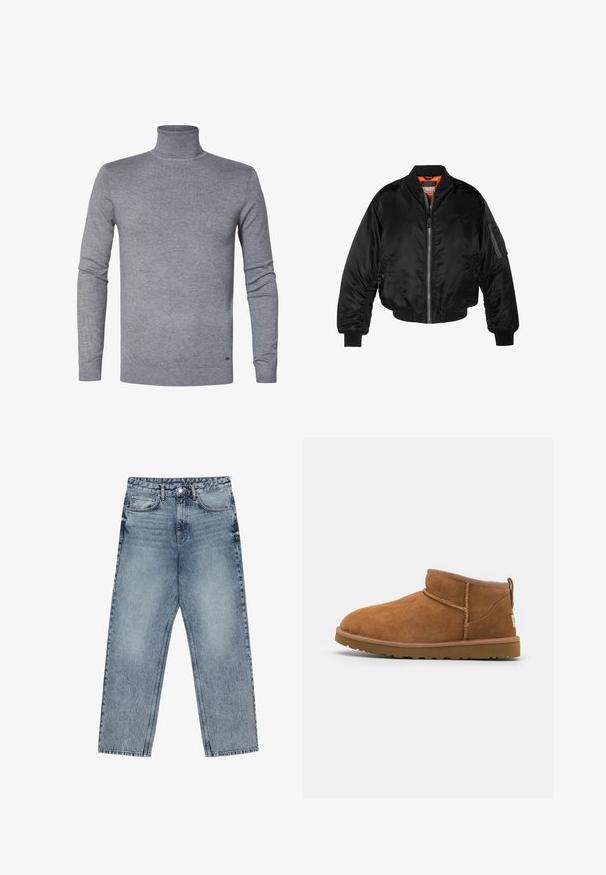 Sort bomberjakke lavet af skinnende nylonstof med ribbede manchetter, en lynlås fortil og en orange foring. Har en lynlåslomme på ærmet.; Grå rullekrave sweater i blødt strikket stof med lange ærmer og ribbede manchetter og kant. Enkel, ensfarvet uden mønstre eller accenter.; Lysblå denim jeans med lige ben, synlig syning, fem lomme-design og knaplukning ved taljen.; Sandal mellemhøje støvler i tan ruskind med en rund tå, subtile syninger og en tekstureret gummisål. Kort højde uden snørebånd.