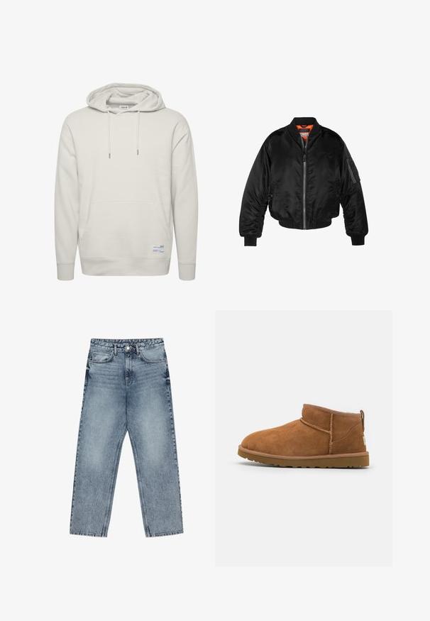 Sort bomberjakke lavet af skinnende nylonstof med ribbede manchetter, en lynlås fortil og en orange foring. Har en lynlåslomme på ærmet.; Lys beige hættejakke lavet af blødt stof, med en frontlomme, snor til hætten og ribbede manchetter. Inkluderer en lille labeldetalje.; Lysblå denim jeans med lige ben, synlig syning, fem lomme-design og knaplukning ved taljen.; Sandal mellemhøje støvler i tan ruskind med en rund tå, subtile syninger og en tekstureret gummisål. Kort højde uden snørebånd.