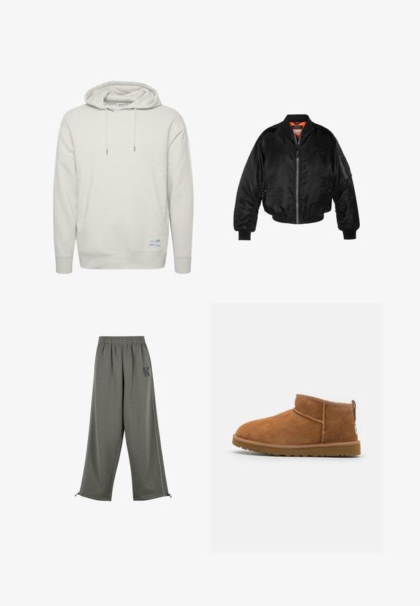 Black bomber jacket made of shiny nylon fabric with ribbed cuffs, a zip front, and an orange lining. Features a zip pocket on the sleeve.; Light beige hoodie made of soft fabric, featuring a front pouch pocket, drawstring hood, and ribbed cuffs. Includes a small label detail.; Karl Kani KK OS SIDESTRIPE - Trousers - grey; Tan suede ankle boot with a rounded toe, subtle stitching details, and a textured rubber sole. Short height without laces.