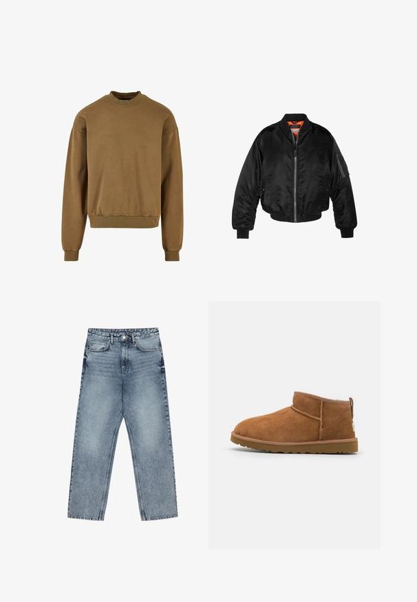 Must noirist bomber-jakk, mis on valmistatud läikivast nailonist kangast, ribikätistega, lukk ees ja oranž vooder. Omab lukuga taskut varruka peal.; pruun sweatshirt, millel on ümar kaelus, pikad varrukad ja soonikkoes ääred. Valmistatud pehmest kangast, millel on sile tekstuur ja mugav istuvus.; Heledad sinine teksad sirge lõikega, nähtavate õmblustega, viie taskuga disain ja nupuga kinnitamine vööl.; Kerged suede pahklipüne, ümarate varvastega, delikaatsed õmblustead ja tekstureeritud kummist tald. Lühike kõrgus ilma paeltega.