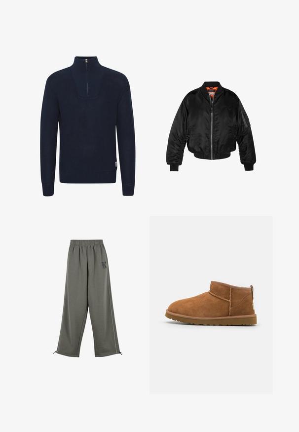 Giubbotto bomber nero realizzato in nylon lucido, con polsini a costine, chiusura con zip frontale e fodera arancione. Presenta una tasca con zip sulla manica.; Solid SDChristo - Maglione - insignia blue; Karl Kani KK OS SIDESTRIPE - Pantaloni - grey; Stivaletto in camoscio color tan con punta rotonda, dettagli di cucitura discreti e suola in gomma texture. Altezza ridotta senza lacci.