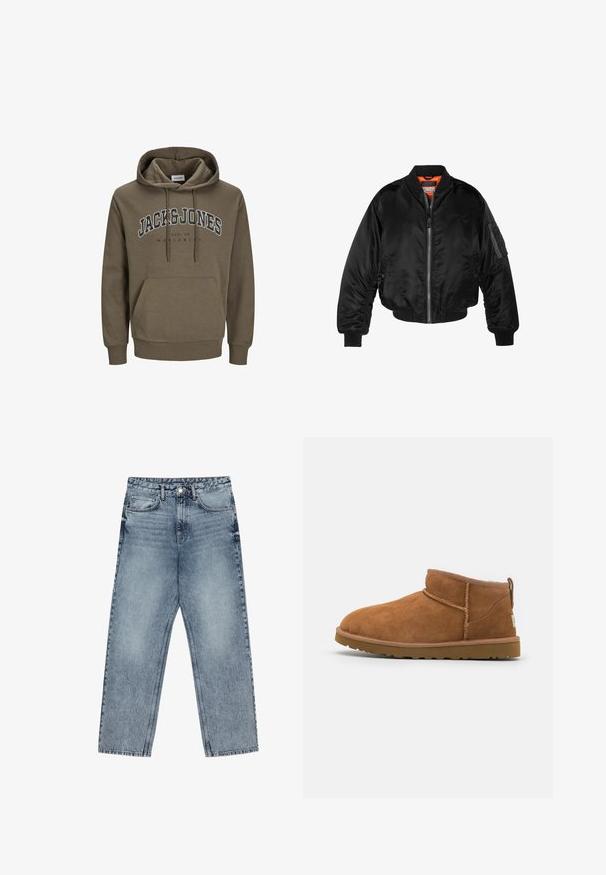 Sort bomberjakke lavet af skinnende nylonstof med ribbede manchetter, en lynlås fortil og en orange foring. Har en lynlåslomme på ærmet.; Olivengrøn hættebluse med snørering, kængurulomme, ribbede manchetter og kant, med "JACK & JONES" og "EST. 90 WORLDWIDE" trykt på forsiden.; Lysblå denim jeans med lige ben, synlig syning, fem lomme-design og knaplukning ved taljen.; Sandal mellemhøje støvler i tan ruskind med en rund tå, subtile syninger og en tekstureret gummisål. Kort højde uden snørebånd.