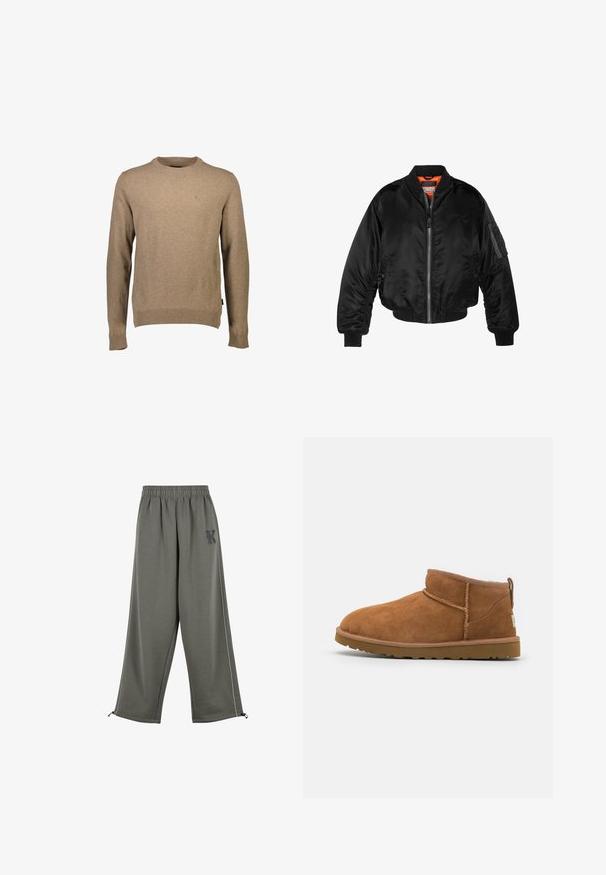 Zwarte bomberjack gemaakt van glanzende nylon stof met ribbelmanchetten, een ritssluiting aan de voorkant en een oranje voering. Bevat een ritssluiting zak op de mouw.; Beige crewneck trui van zacht materiaal met lange mouwen en geribde manchetten. Klein logo detail op de borst. Eenvoudig design.; Karl Kani KK OS SIDESTRIPE - Broek - grey; Tan suède enkellaars met een ronde neus, subtiele stiksels en een gestructureerde rubberen zool. Korte hoogte zonder veters.