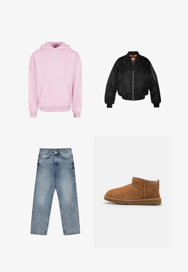 Giubbotto bomber nero realizzato in nylon lucido, con polsini a costine, chiusura con zip frontale e fodera arancione. Presenta una tasca con zip sulla manica.; Felpa rosa chiaro realizzata in tessuto morbido. Presenta una tasca a marsupio frontale, cappuccio con cordino e polsini a coste per una vestibilità aderente. Design semplice.; Jeans in denim azzurro chiaro con taglio a gamba dritta, cuciture visibili, design a cinque tasche e chiusura a bottoni in vita.; Stivaletto in camoscio color tan con punta rotonda, dettagli di cucitura discreti e suola in gomma texture. Altezza ridotta senza lacci.