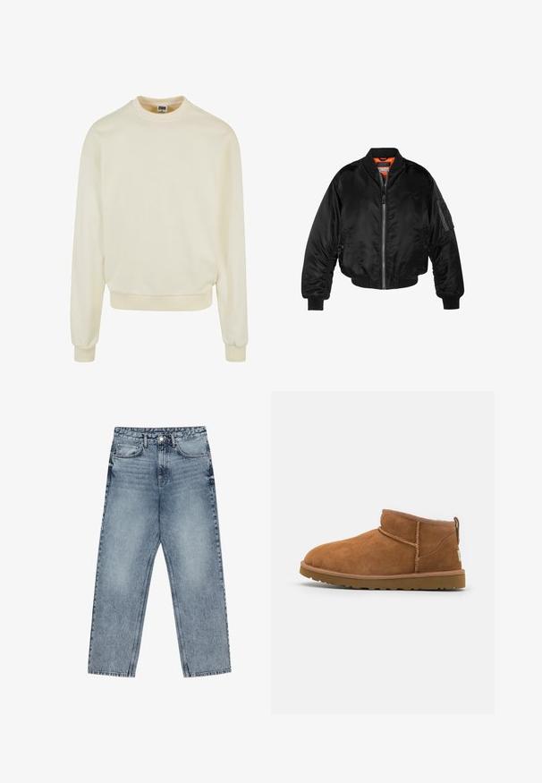 Schwarze Bomberjacke aus glänzendem Nylonstoff mit gerippten Bündchen, durchgehendem Reißverschluss und orangefarbenem Futter. Verfügt über eine Reißverschlusstasche am Ärmel.; Cremfarbener Sweatshirt aus weichem Stoff mit Rundhalsausschnitt, langen Ärmeln sowie gerippten Bündchen und Saum. Keine Muster oder Grafiken.; Hellblaue Jeans aus Denim mit geradem Schnitt, sichtbaren Nähten, fünf Taschen-Design und einem Knopfverschluss an der Taille.; Hellbraune Wildleder-Stiefelette mit runder Zehenform, dezenten Nähdetails und einer strukturierten Gummisohle. Kurze Höhe ohne Schnürsenkel.