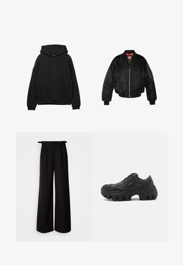 Černá bomber bunda vyrobená z lesklého nylonového materiálu s žebrovanými manžetami, zapínáním na zip a oranžovou podšívkou. Obsahuje zipovou kapsu na rukávu.; Černá mikina s kapucí vyrobená z měkké tkaniny, která má přední kapsu, nastavitelné šňůrky na kapuci a žebrované manžety. Jednoduchý design s minimálními detaily.; Černé kalhoty s širokými nohavicemi a vysokým pasem, s plisováním a ozdobnými tkaničkami po stranách, vyrobené z hladké, strukturované látky.; Černé robustní tenisky s tlustou podrážkou s výrazným vzorkem, texturovanými bočními překryvy, šněrováním vpředu a značkou "ROMBAUT" na bočním panelu.