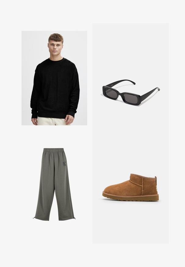 Musta pommittaja-takki, joka on valmistettu kiiltävästä nailonista, ribbettyistä hihansuista, vetoketjukiinnityksestä ja oranssista vuorauksesta. Takissa on vetoketjullinen tasku hihassa.; Musta pitkähihainen collegepaita pehmeästä, tuntumaltaan teksturoidusta kankaasta. Varustettu pyöreällä kaula-aukkolla ja erottuvilla mustilla ribbyhihansuilla ja helmalla.; Karl Kani KK OS SIDESTRIPE - Housut - grey; Vaaleanruskeat mokkasaappaat nilkkapituiset, joissa on pyöristetty kärki, hienovaraiset ommeltydet ja teksturoitu kumipohja. Lyhyt malli ilman nauhoja.; Mustat suorakaiteen muotoiset aurinkolasit, joissa tummat linssit, kiiltävä pinta, leveät sangan varret ja massiivinen kehysmuotoilu. Yhden sangansivun kaiverrettu brändinimi.