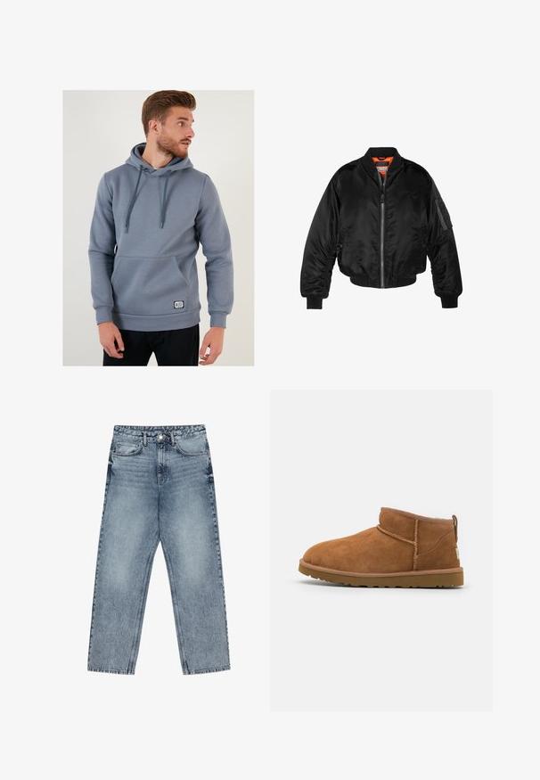 Melna bomber jaka, izgatavota no spīdīgas neilona auduma, ar ribotām aprocēm, ar rāvējslēdzēju priekšā un oranžu odere. Iespēja ir rāvējslēdzēja kabata uz piedurknes.; Pelēks kapucis ar priekšējo kabatu, regolējamu auklu kapuci, ribotiem aprocēm un apakšmalu, izgatavots no mīksta, gluda materiāla. Ar logo uzlīmi.; Gai zilu džinsu bikses ar taisnu kāju griezumu, redzamām šuvēm, piecu kabatu dizainu un pogu aizdari jostasvietā.; Bēša zamšas potītes zābaks ar noapaļotu purngalu, smalkiem diegu dekorējumiem un teksturētu gumijas zoli. Īsa augstuma bez auklām.