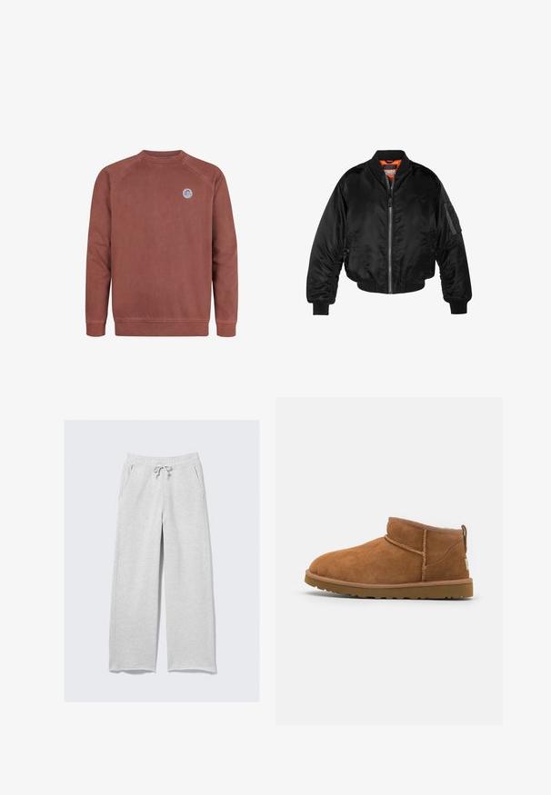 Zwarte bomberjack gemaakt van glanzende nylon stof met ribbelmanchetten, een ritssluiting aan de voorkant en een oranje voering. Bevat een ritssluiting zak op de mouw.; Katoenen sweatshirt in roestkleur met raglanmouwen, geribbelde manchetten en zoom, met een klein rond logo op de linkerborst.; Lichtgrijze joggingsbroek van zachte stof, met een elastische tailleband met trekkoord en zijzakken. Losse, recht gesneden pasvorm.; Tan suède enkellaars met een ronde neus, subtiele stiksels en een gestructureerde rubberen zool. Korte hoogte zonder veters.