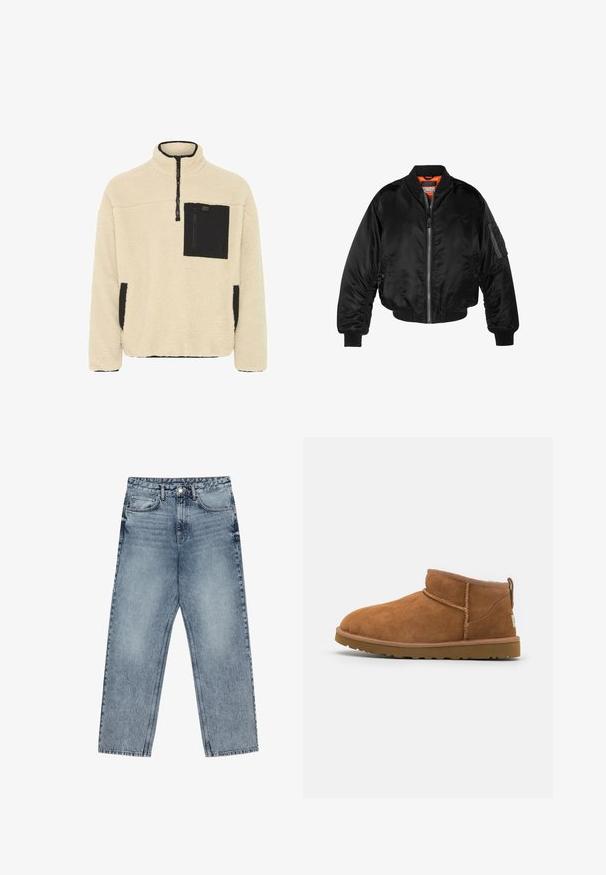 Zwarte bomberjack gemaakt van glanzende nylon stof met ribbelmanchetten, een ritssluiting aan de voorkant en een oranje voering. Bevat een ritssluiting zak op de mouw.; Fleece pullover in crème met zwarte accenten. Beschikt over een half-rits kraag, borstzak en zijzakken. Zacht, gestructureerd materiaal.; Lichtblauwe denim jeans met een rechte pijp, zichtbare stiksels, vijf zakken en een knoopsluiting in de taille.; Tan suède enkellaars met een ronde neus, subtiele stiksels en een gestructureerde rubberen zool. Korte hoogte zonder veters.