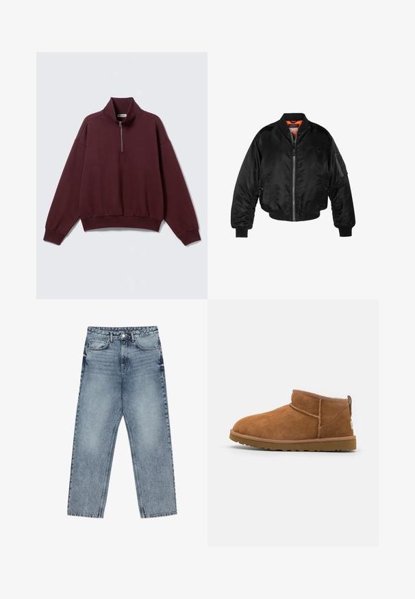 Jaqueta bomber preta feita de tecido de nylon brilhante com punhos em malha, fecho éclair na frente e forro laranja. Apresenta um bolso com fecho éclair na manga.; Sweatshirt de malha cor de vinho com gola alta e fecho de meio zíper. Apresenta mangas compridas e um corte descontraído com punhos e barra canelados.; Deve azul claro com corte reto, costura visível, design de cinco bolsos e fecho de botão na cintura.; Botim de tornozelo em camurça castanha com biqueira arredondada, detalhes de costura subtil e sola de borracha texturizada. Altura curta sem atacadores.