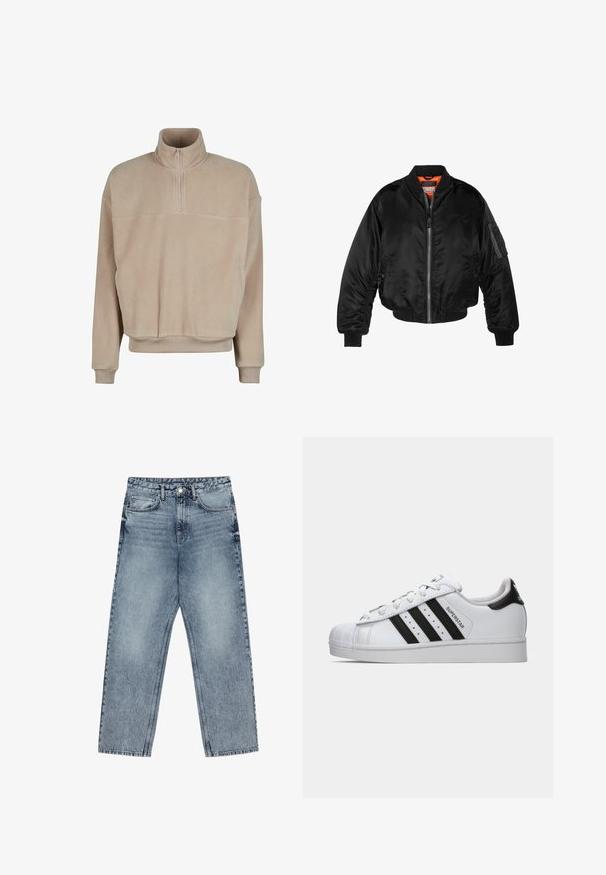 Črna bomberska jakna iz sijočega najlonskega materiala z rebrastimi manšeti, z zadrgo na sprednji strani in oranžno podlogo. Ima žep z zadrgo na rokavu.; Svetlo bež flis pulover z visokim ovratnikom, pol-zadrgo, rebrastimi manšeti in ohlapnim krojem. Ima sprednji žep za shranjevanje.; Urban Classics TANK - Top - white; Svijetloplave traperice s ravnim krojem, vidljivim šavovima, dizajnom od pet džepova i kopčanjem na gumbu u struku.; Belo Adidas Superstar čevljek z črnimi črtami, zaščitnim konicami in napisom "Superstar" na strani, prikazan v levem profilu na belem ozadju.