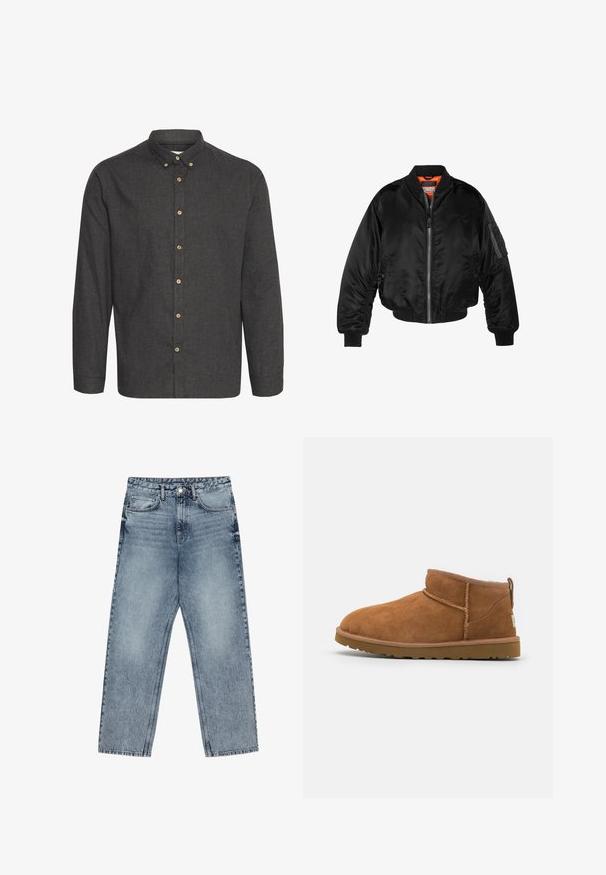 Veste bombardier noire en nylon brillant avec des poignets côtelés, un zip sur le devant et une doublure orange. Dotée d'une poche zippée sur la manche.; Chemise boutonnée gris foncé en tissu texturé, avec des manches longues, un col et des boutons beige sur le devant.; Jean en denim bleu clair avec une coupe droite, couture visible, design à cinq poches et fermeture à bouton à la taille.; Bottine en suède beige avec un bout rond, des détails de couture subtils et une semelle en caoutchouc texturée. Hauteur courte sans lacets.