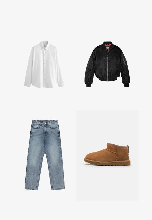 Giubbotto bomber nero realizzato in nylon lucido, con polsini a costine, chiusura con zip frontale e fodera arancione. Presenta una tasca con zip sulla manica.; Next Camicia - white; Jeans in denim azzurro chiaro con taglio a gamba dritta, cuciture visibili, design a cinque tasche e chiusura a bottoni in vita.; Stivaletto in camoscio color tan con punta rotonda, dettagli di cucitura discreti e suola in gomma texture. Altezza ridotta senza lacci.