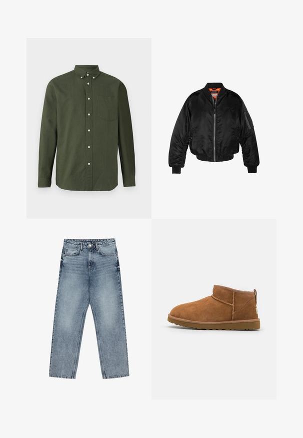 Juodas bomberio tipo švarkas, pagamintas iš blizgaus nailono audinio su lygiomis rankovėmis, užtrauktuku priekyje ir oranžine pamušalu. Su užtrauktuko kišene ant rankovės.; Tamsiai žalia marškiniai su ilgomis rankovėmis, apykakle, vienu krūtinės kišeniu ir baltais mygtukų akcentais; pagaminti iš lengvos medžiagos.; Šviesiai mėlynos džinsinės kelnės su tiesiu kelnės siluetu, matomomis siūlėmis, penkių kišenių dizainu ir mygtuko uždarymu juosmens srityje.; Šviesiai rudos nubuko aulinukai iki kulkšnies su apvaliu pirštu, subtiliomis siuvimo detalėmis ir tekstūruota guma padanga. Žemas aukštis be raištelių.