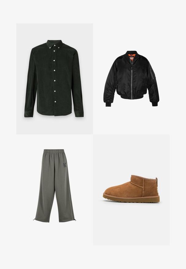 Svart bomberjacka i glänsande nylon med ribbad mudd, dragkedja fram och orange foder. Har en ficka med dragkedja på ärmen.; Mörkgrön kordflors långärmad skjorta med knappar och krage på en vit bakgrund.; Karl Kani KK OS SIDESTRIPE - Tygbyxor - grey; Tan mockasinstövlar med rund tå, subtila sömnadsdetaljer och en texturerad gummisula. Kort höjd utan snörning.