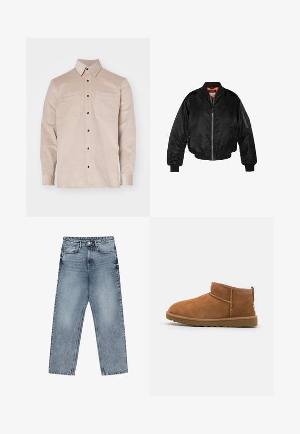 Giubbotto bomber nero realizzato in nylon lucido, con polsini a costine, chiusura con zip frontale e fodera arancione. Presenta una tasca con zip sulla manica.; Camicia in corduroy beige con colletto a bottoni, dotata di due tasche frontali e bottoni neri. Texture morbida e design classico.; Jeans in denim azzurro chiaro con taglio a gamba dritta, cuciture visibili, design a cinque tasche e chiusura a bottoni in vita.; Stivaletto in camoscio color tan con punta rotonda, dettagli di cucitura discreti e suola in gomma texture. Altezza ridotta senza lacci.