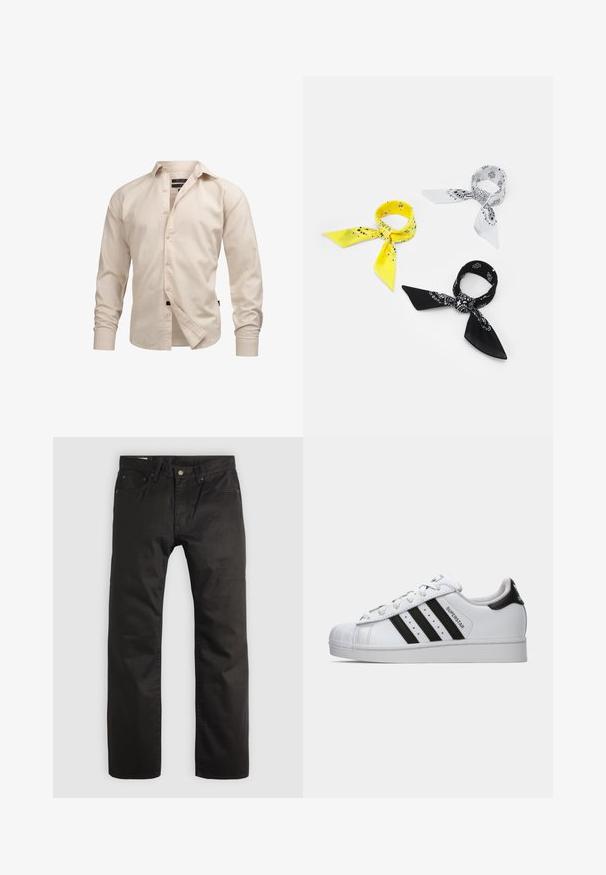 Czarna kurtka bombowiec wykonana z błyszczącego nylonowego materiału, z prążkowanymi mankietami, zamek z przodu i pomarańczową podszewką. Posiada kieszeń na zamku na rękawie.; Jasnobeżowa, długosleeve koszula z guzikami, z kołnierzykiem, o gładkiej fakturze i standardowych mankietach, z zakładką z przodu i czarnym logo.; Urban Classics - Top; Czarne spodnie proste z przodem na guziki i suwak, szlufki na pasek oraz pięć kieszeni na jasnym tle.; Białe sneakersy Adidas Superstar z czarnymi paskami, noskiem w kształcie muszli i napisem "Superstar" z boku, pokazane w lewym profilu na białym tle.; Trzy bandany: jedna żółta z czarnymi wzorami, jedna biała z czarnymi grafikami, a jedna czarna z białymi grafikami. Wszystkie są kwadratowe, wykonane z lekkiego materiału.