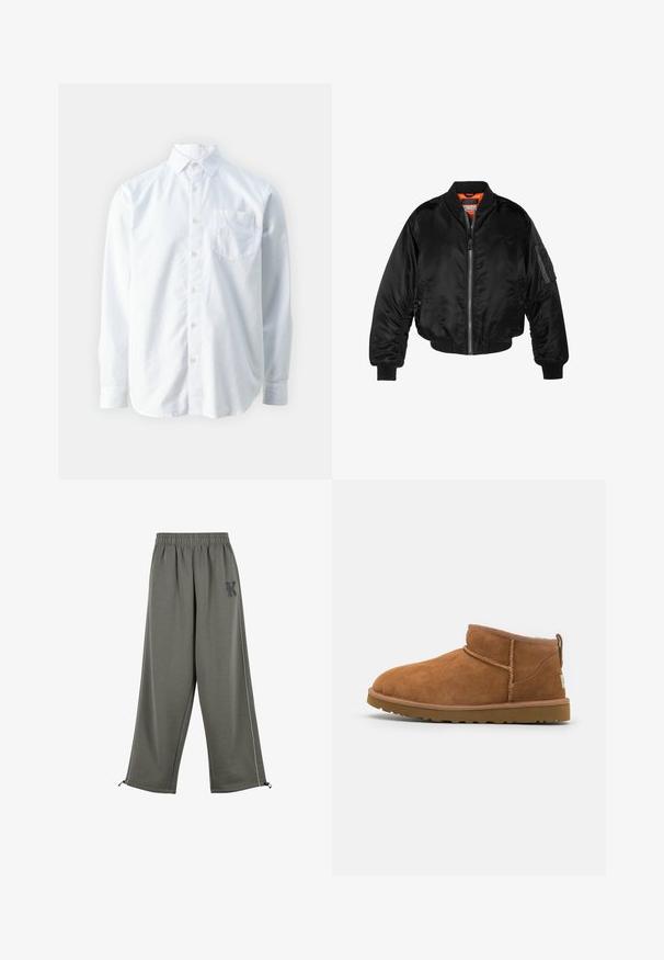 Černá bomber bunda vyrobená z lesklého nylonového materiálu s žebrovanými manžetami, zapínáním na zip a oranžovou podšívkou. Obsahuje zipovou kapsu na rukávu.; Guess COLLIN - Košile - pure white; Karl Kani KK OS SIDESTRIPE - Kalhoty - grey; Světlé semišové kotníkové boty s kulatou špičkou, jemnými švy a texturovanou gumovou podrážkou. Krátká výška bez šněrování.