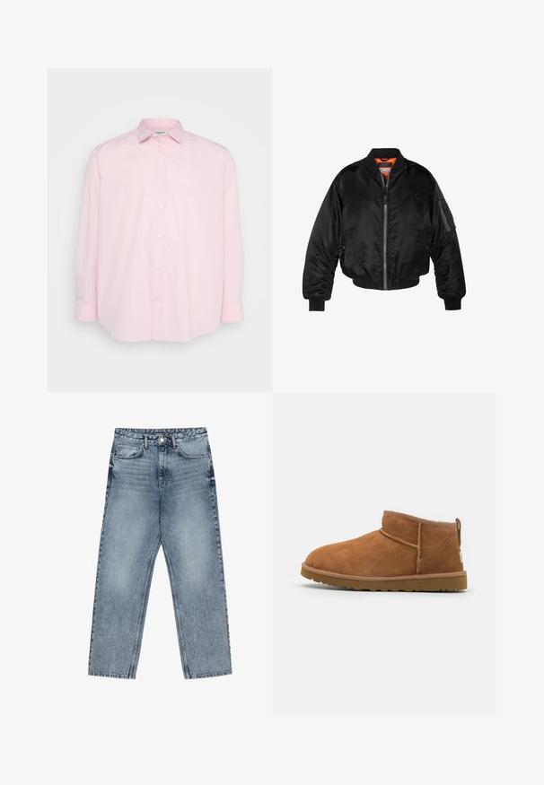 Giubbotto bomber nero realizzato in nylon lucido, con polsini a costine, chiusura con zip frontale e fodera arancione. Presenta una tasca con zip sulla manica.; Camicia button-up rosa chiaro con maniche lunghe, colletto standard e bottoni bianchi sul davanti, realizzata in tessuto di cotone liscio.; Jeans in denim azzurro chiaro con taglio a gamba dritta, cuciture visibili, design a cinque tasche e chiusura a bottoni in vita.; Stivaletto in camoscio color tan con punta rotonda, dettagli di cucitura discreti e suola in gomma texture. Altezza ridotta senza lacci.