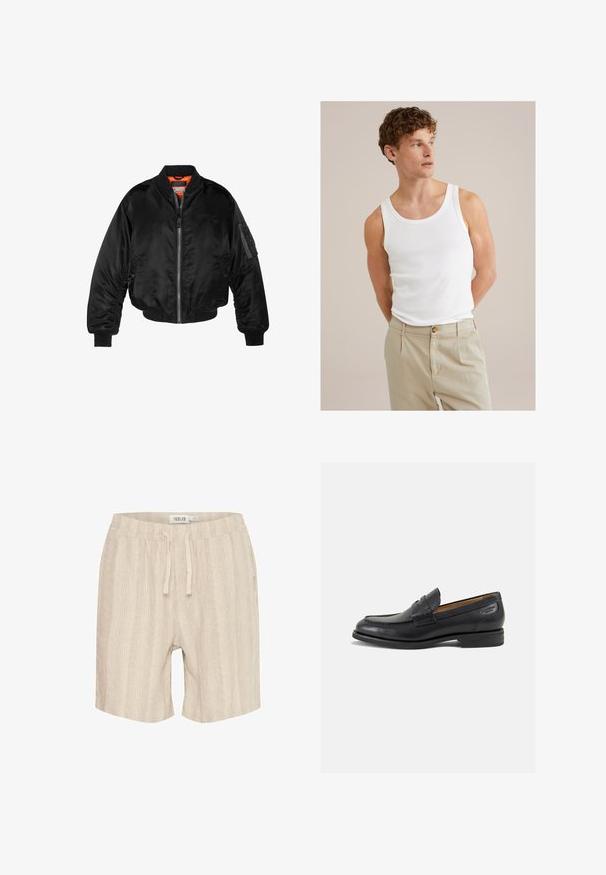 Black bomber jacket made of shiny nylon fabric with ribbed cuffs, a zip front, and an orange lining. Features a zip pocket on the sleeve.; White cotton tank top with a round neckline and wide straps, paired with light beige trousers featuring a button and pleats.; Beige cotton shorts with vertical pinstripes, elastic waistband, drawstring, and side pockets. Soft texture and casual design.; Black leather loafers with a smooth finish, rounded toe, and decorative stitching on the vamp. Low stacked heel and slight shine.