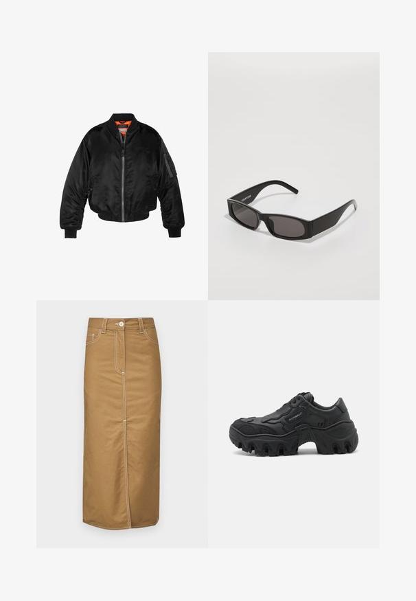 Melna bomber jaka, izgatavota no spīdīgas neilona auduma, ar ribotām aprocēm, ar rāvējslēdzēju priekšā un oranžu odere. Iespēja ir rāvējslēdzēja kabata uz piedurknes.; Divi bez piedurknēm t-krekli: viens balts ar ribotu struktūru, un otrs gaiši pelēks ar vieglu heather rakstu. Abi ir ar apaļu kakla izgriezumu.; Browna vidēja garuma svārki izturīgā audumā, ar baltiem izšuvumiem, priekšējo pogu aizdari un divām sānu kabatām. Taisni silueta dizains.; Melni apjomīgi sporta apavi ar biezu zoli, teksturētām sānu pārklājumiem, aukliņu priekšpusi un zīmola nosaukumu "ROMBAUT" uz sānu paneļa.; Melnas taisnstūrveida saulesbrilles ar tumšiem stikliem, gludu plastmasas rāmi un izteiktu logotipu kreisajā rokā. Minimalistisks dizains.