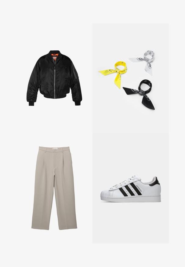 Schwarze Bomberjacke aus glänzendem Nylonstoff mit gerippten Bündchen, durchgehendem Reißverschluss und orangefarbenem Futter. Verfügt über eine Reißverschlusstasche am Ärmel.; Urban Classics TANK - Top - white; PULL&BEAR DARTED - Stoffhose - taupe; Weiße Adidas Superstar Sneaker mit schwarzen Streifen, charakteristischer Zehenkappe und "Superstar"-Schriftzug an der Seite, im linken Profil auf weißem Hintergrund gezeigt.; Drei Bandanas: eine gelbe mit schwarzen Mustern, eine weiße mit schwarzen Designs und eine schwarze mit weißen Grafiken. Alle sind quadratisch und aus leichtem Stoff.