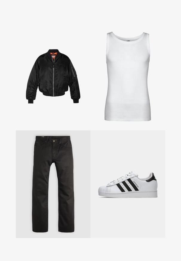 Veste bombardier noire en nylon brillant avec des poignets côtelés, un zip sur le devant et une doublure orange. Dotée d'une poche zippée sur la manche.; Urban Classics TANK - Débardeur - white; Pantalon noir à jambe droite avec fermeture à bouton et zip à l'avant, passants de ceinture et design à cinq poches sur un fond clair.; Baskets Adidas Superstar blanches avec des rayures noires, embout en forme de coque, et texte "Superstar" sur le côté, présentées en profil gauche sur fond blanc.