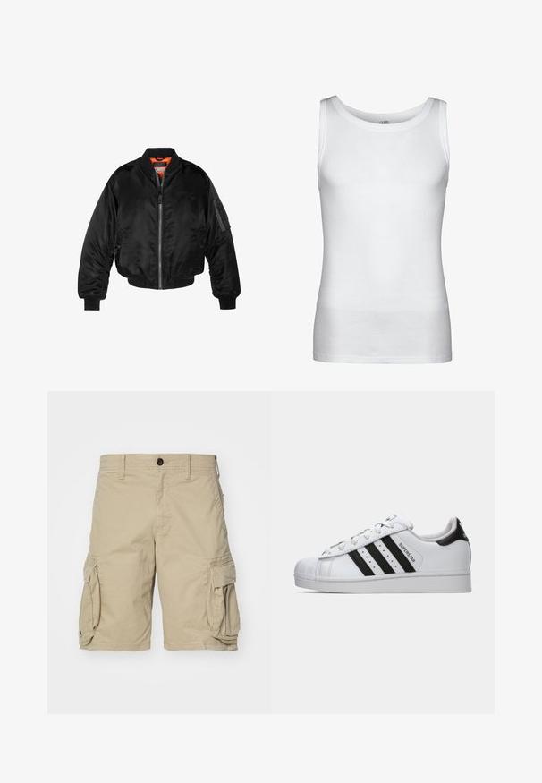 Musta pommittaja-takki, joka on valmistettu kiiltävästä nailonista, ribbettyistä hihansuista, vetoketjukiinnityksestä ja oranssista vuorauksesta. Takissa on vetoketjullinen tasku hihassa.; Urban Classics TANK - Toppi - white; Beige cargo shorts tehty puuvillakankaasta, jossa on sivutaskut, nappisuljenta ja suora leikkaus. Sujuva pinta.; Valkoiset Adidas Superstar -lenkkarit mustilla raidoilla, kuorikärjellä ja "Superstar" -tekstillä sivussa, esitettynä vasemmasta profiilista valkoista taustaa vasten.