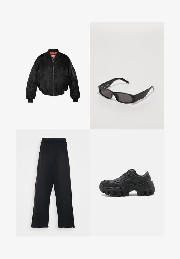 Svart bomberjacka i glänsande nylon med ribbad mudd, dragkedja fram och orange foder. Har en ficka med dragkedja på ärmen.; Grå camouflage sweatshirt med långa ärmar, rund halsringning och lätt nedsänkt axeldesign. Tillverkad av mjukt tyg med en slät yta.; Svarta sweatpants med elastisk midja, vida ben och sidofickor. Tillverkade av mjukt tyg med en slät yta.; Svart chunky sneaker med tjock lug-sula, texturerade sidoventiler, snörning framtill och varumärkesnamnet "ROMBAUT" på sidopanelen.; Svarta rektangulära solglasögon med mörka linser, en slät plastinramning och en diskret logotyp på vänster skalmar. Minimalistisk design.