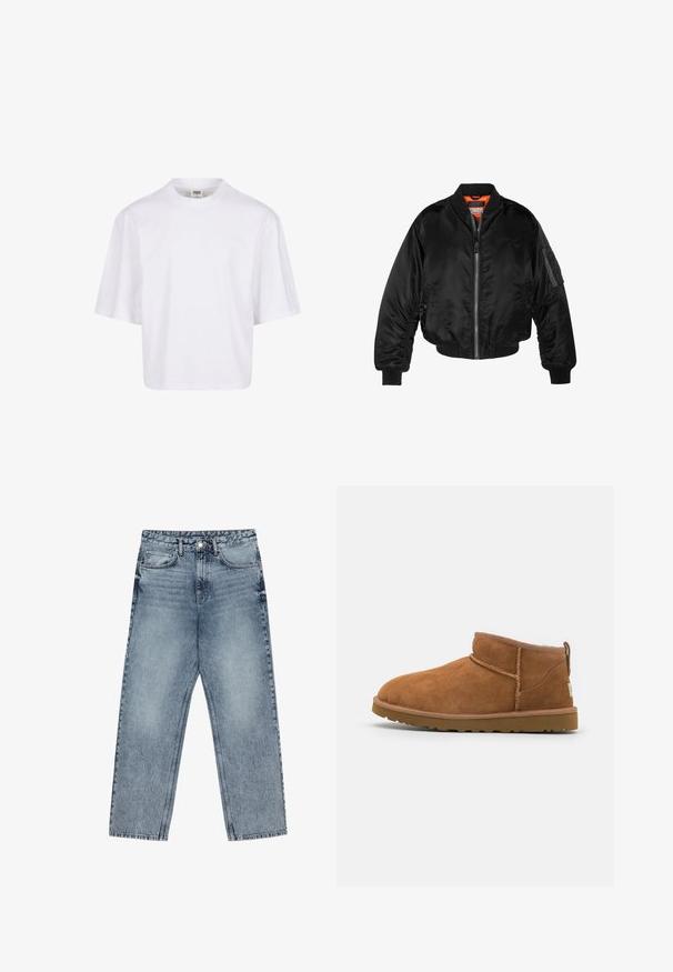 Must noirist bomber-jakk, mis on valmistatud läikivast nailonist kangast, ribikätistega, lukk ees ja oranž vooder. Omab lukuga taskut varruka peal.; Valge lühikeste varrukatega T-särk, millel on ümar kaelus ja vaba lõige, valmistatud siledast puuvilla segust. Ilma mustrite ja kaunistusteta.; Heledad sinine teksad sirge lõikega, nähtavate õmblustega, viie taskuga disain ja nupuga kinnitamine vööl.; Kerged suede pahklipüne, ümarate varvastega, delikaatsed õmblustead ja tekstureeritud kummist tald. Lühike kõrgus ilma paeltega.