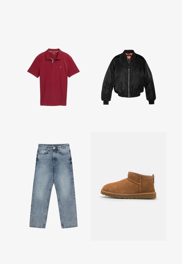 Zwarte bomberjack gemaakt van glanzende nylon stof met ribbelmanchetten, een ritssluiting aan de voorkant en een oranje voering. Bevat een ritssluiting zak op de mouw.; Rode poloshirt met een kraag, korte mouwen en een gestructureerde stof. Heeft een klein logo op de linkerkant van de borst.; Lichtblauwe denim jeans met een rechte pijp, zichtbare stiksels, vijf zakken en een knoopsluiting in de taille.; Tan suède enkellaars met een ronde neus, subtiele stiksels en een gestructureerde rubberen zool. Korte hoogte zonder veters.