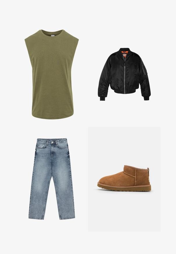 Giubbotto bomber nero realizzato in nylon lucido, con polsini a costine, chiusura con zip frontale e fodera arancione. Presenta una tasca con zip sulla manica.; T-shirt senza maniche di colore verde oliva, realizzata in morbido cotone, con scollatura rotonda e una vestibilità ampia e rilassata, caratterizzata da una superficie liscia e uniforme.; Jeans in denim azzurro chiaro con taglio a gamba dritta, cuciture visibili, design a cinque tasche e chiusura a bottoni in vita.; Stivaletto in camoscio color tan con punta rotonda, dettagli di cucitura discreti e suola in gomma texture. Altezza ridotta senza lacci.