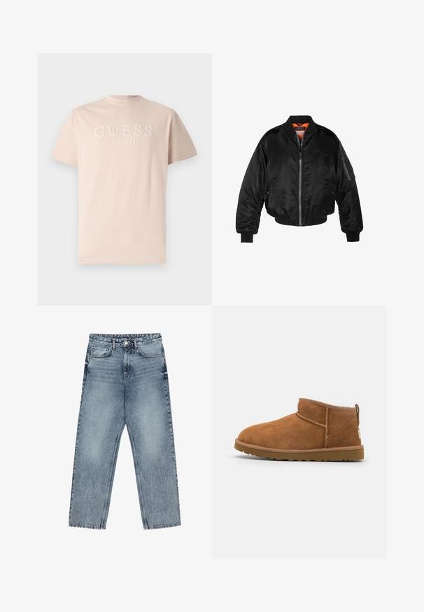 Svart bomberjacka i glänsande nylon med ribbad mudd, dragkedja fram och orange foder. Har en ficka med dragkedja på ärmen.; Ljusrosa bomulls T-shirt med en broderad "GUESS" logotyp och "EST. 1981" detalj på framsidan, med klassisk rund hals och korta ärmar.; Ljust blå denimjeans med rak benform, synliga sömmar, fem fickor och en knappstängning i midjan.; Tan mockasinstövlar med rund tå, subtila sömnadsdetaljer och en texturerad gummisula. Kort höjd utan snörning.