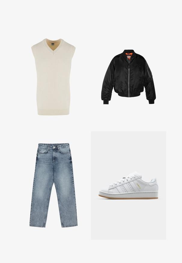 Juodas bomberio tipo švarkas, pagamintas iš blizgaus nailono audinio su lygiomis rankovėmis, užtrauktuku priekyje ir oranžine pamušalu. Su užtrauktuko kišene ant rankovės.; Beigė be rankovių v-kaklo megztinis, pagamintas iš minkštos mezginio medžiagos. Yra šonkaulinis apykaklės ir apatinio krašto dizainas, su tiesiu kirpimu.; Šviesiai mėlynos džinsinės kelnės su tiesiu kelnės siluetu, matomomis siūlėmis, penkių kišenių dizainu ir mygtuko uždarymu juosmens srityje.; Baltos sportbačiai su perforuotu trimis dryželiais, tekstūruotais akcentais, guminiais padais ir auksiniu "CAMPUS" logotipu šone.