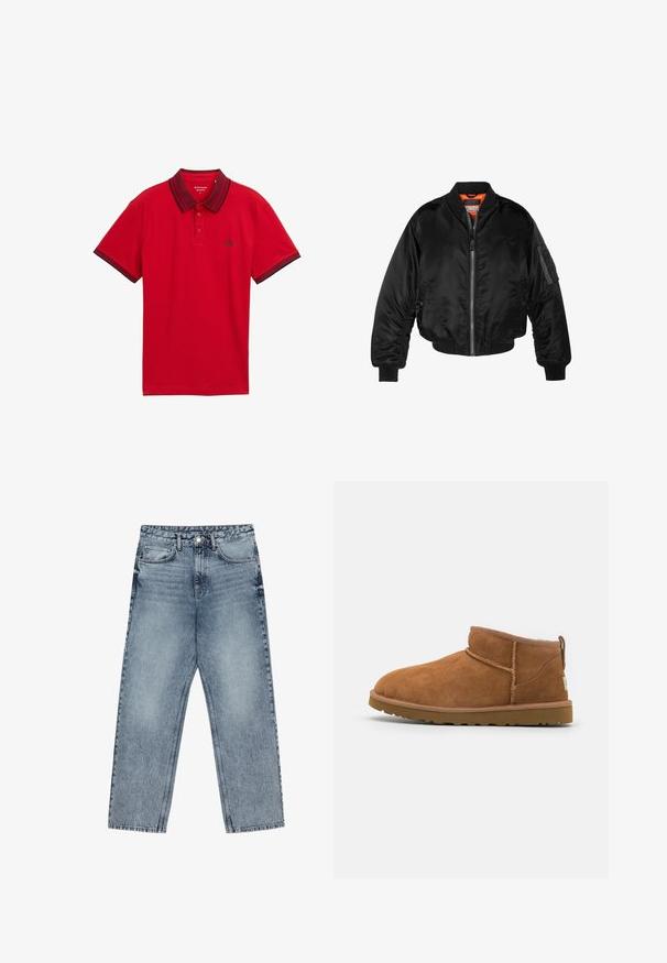 Schwarze Bomberjacke aus glänzendem Nylonstoff mit gerippten Bündchen, durchgehendem Reißverschluss und orangefarbenem Futter. Verfügt über eine Reißverschlusstasche am Ärmel.; Rotes kurzärmliges Polohemd mit dunklem Kragen und Bündchen, zwei Knopfverschluss und kleinem Logo auf der Brust.; Hellblaue Jeans aus Denim mit geradem Schnitt, sichtbaren Nähten, fünf Taschen-Design und einem Knopfverschluss an der Taille.; Hellbraune Wildleder-Stiefelette mit runder Zehenform, dezenten Nähdetails und einer strukturierten Gummisohle. Kurze Höhe ohne Schnürsenkel.