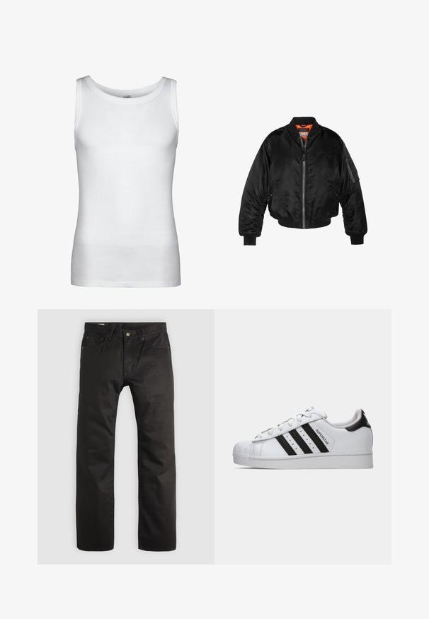 Černá bomber bunda vyrobená z lesklého nylonového materiálu s žebrovanými manžetami, zapínáním na zip a oranžovou podšívkou. Obsahuje zipovou kapsu na rukávu.; Urban Classics TANK - Top - white; Černé kalhoty rovného střihu s předním zapínáním na knoflík a zip, poutky na opasek a pěticípým designem kapes na světlém pozadí.; Bílé tenisky Adidas Superstar s černými pruhy, špičkou ve tvaru skořápky a textem "Superstar" na boku, zobrazené v levém profilu na bílém pozadí.