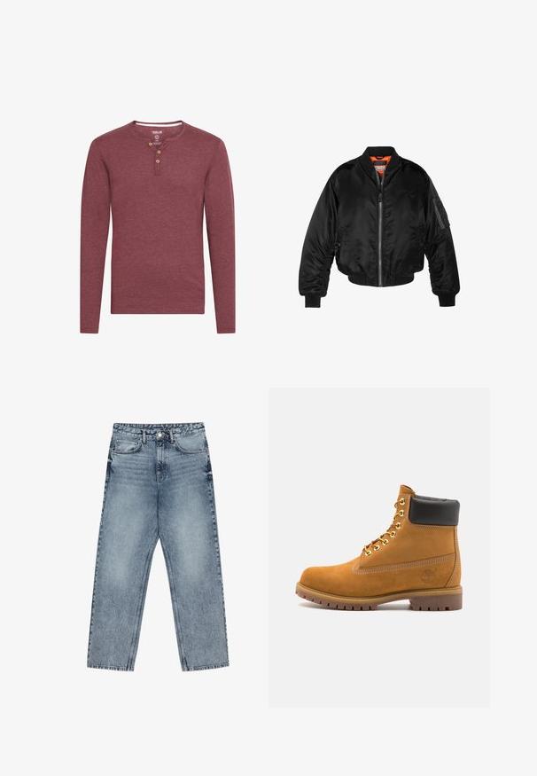 Giubbotto bomber nero realizzato in nylon lucido, con polsini a costine, chiusura con zip frontale e fodera arancione. Presenta una tasca con zip sulla manica.; Maglietta henley a maniche lunghe di colore bordeaux realizzata in tessuto morbido, con scollatura rotonda e tre bottoni in legno sulla patta.; Jeans in denim azzurro chiaro con taglio a gamba dritta, cuciture visibili, design a cinque tasche e chiusura a bottoni in vita.; Stivale alla caviglia in suede tan con collare imbottito nero, occhielli in metallo dorato, dettagli in cucitura bianca e suola in gomma robusta con battistrada pronunciato.