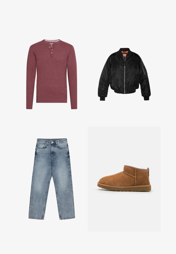 Zwarte bomberjack gemaakt van glanzende nylon stof met ribbelmanchetten, een ritssluiting aan de voorkant en een oranje voering. Bevat een ritssluiting zak op de mouw.; Bordeauxkleurig henley shirt met lange mouwen, gemaakt van zachte stof, met een ronde halslijn en drie houten knopen bij de sluiting.; Lichtblauwe denim jeans met een rechte pijp, zichtbare stiksels, vijf zakken en een knoopsluiting in de taille.; Tan suède enkellaars met een ronde neus, subtiele stiksels en een gestructureerde rubberen zool. Korte hoogte zonder veters.