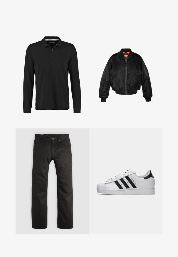 Zwarte bomberjack gemaakt van glanzende nylon stof met ribbelmanchetten, een ritssluiting aan de voorkant en een oranje voering. Bevat een ritssluiting zak op de mouw.; Zwarte lange mouwen polo shirt van katoen. Voorzien van een twee-knopen flap, geribbelde kraag en subtiele streepdetails onder de kraag.; Zwarte rechte broek met rits- en knoopsluiting aan de voorkant, ceintuurlussen en vijf zakken op een lichte achtergrond.; Witte Adidas Superstar sneaker met zwarte strepen, schelpneus en de tekst "Superstar" op de zijkant, weergegeven in linkse profiel op een witte achtergrond.