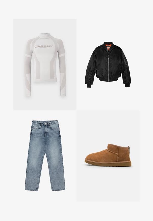 Black bomber jacket made of shiny nylon fabric with ribbed cuffs, a zip front, and an orange lining. Features a zip pocket on the sleeve.; White long-sleeve fitted top with vertical light gray stripes and a high neck. Features "MISBHV" logo in front, made of stretch fabric.; Light blue denim jeans with a straight leg cut, visible stitching, five pocket design, and a button closure at the waist.; Tan suede ankle boot with a rounded toe, subtle stitching details, and a textured rubber sole. Short height without laces.