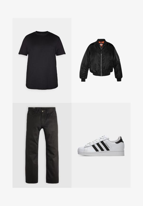 Sort bomberjakke lavet af skinnende nylonstof med ribbede manchetter, en lynlås fortil og en orange foring. Har en lynlåslomme på ærmet.; Sort kortærmet T-shirt lavet af blødt bomuld, med rund halsudskæring og en afslappet pasform, uden synlige mønstre eller accenter.; Sorte lige ben bukser med knap og lynlås fortil, bæltesløjfer og fem-lommers design på en lys baggrund.; Hvide Adidas Superstar sneakers med sorte striber, shellsko-ås og "Superstar" tekst på siden, vist i venstre profil på hvid baggrund.
