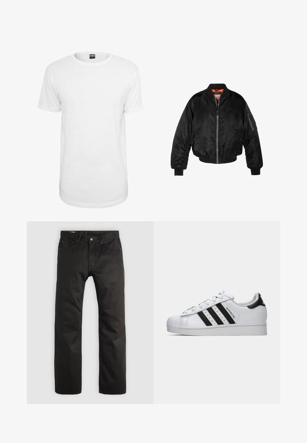 Chaqueta bomber negra hecha de tejido de nailon brillante con puños de canalé, cierre de cremallera en el frente y un forro naranja. Cuenta con un bolsillo con cremallera en la manga.; Camiseta blanca de manga corta hecha de algodón, con un cuello redondo clásico, un corte relajado y sin patrones ni logotipos visibles.; Pantalones rectos negros con cierre frontal de botón y cremallera, trabillas para cinturón y diseño de cinco bolsillos sobre un fondo claro.; Zapatilla Adidas Superstar blanca con franjas negras, puntera de concha y texto "Superstar" en el lateral, mostrada en perfil izquierdo sobre fondo blanco.
