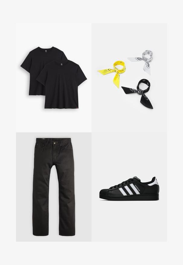Fekete bomberdzseki fényes nylonból, bordás mandzsettákkal, cipzáros elülső résszel és narancssárga béléssel. Ujján cipzáras zseb található.; Két fekete pamut póló rövid ujjú, kerek nyakkal és laza szabással. Mindkettő szegélyén egy kis szőtt címke található.; Fekete egyenes szárú nadrág elöl gombos és cipzáros záródással, övhurkokkal és öt zsebes kialakítással, világos háttér előtt.; Fekete Adidas Superstar sportcipő fehér csíkokkal, kagyló orral és "Superstar" felirattal az oldalán, oldalról bemutatva, fehér háttér előtt.; Három bandana: egy sárga fekete mintákkal, egy fehér fekete grafikával, és egy fekete fehér grafikával. Mind három négyzet alakú, könnyű anyagból készült.