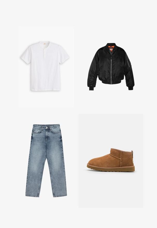 Black bomber jacket made of shiny nylon fabric with ribbed cuffs, a zip front, and an orange lining. Features a zip pocket on the sleeve.; White short-sleeve henley shirt made of cotton, featuring a round neckline, three-button placket, and a subtle logo on the chest.; Light blue denim jeans with a straight leg cut, visible stitching, five pocket design, and a button closure at the waist.; Tan suede ankle boot with a rounded toe, subtle stitching details, and a textured rubber sole. Short height without laces.