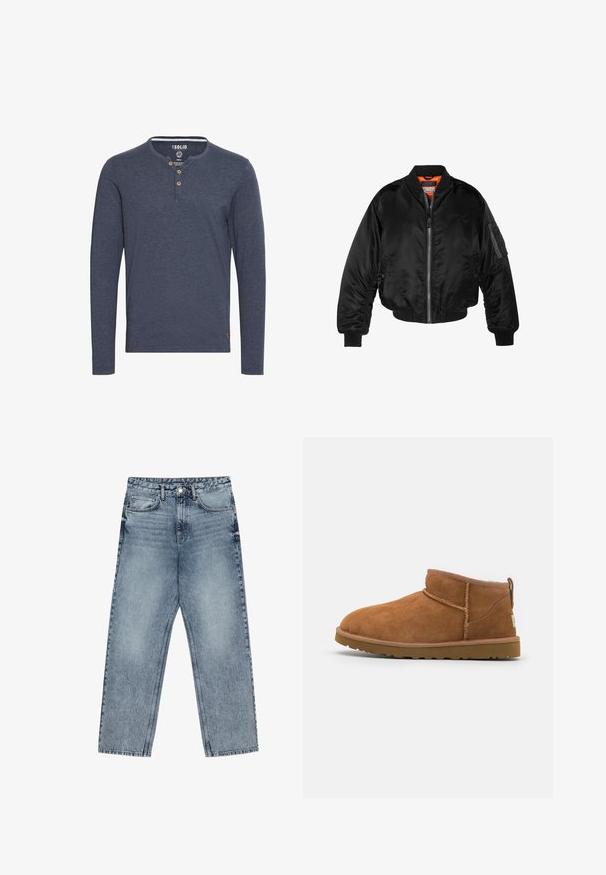 Must noirist bomber-jakk, mis on valmistatud läikivast nailonist kangast, ribikätistega, lukk ees ja oranž vooder. Omab lukuga taskut varruka peal.; Solid SDVOLKO - Pikkade varrukatega topp - mottled blue; Heledad sinine teksad sirge lõikega, nähtavate õmblustega, viie taskuga disain ja nupuga kinnitamine vööl.; Kerged suede pahklipüne, ümarate varvastega, delikaatsed õmblustead ja tekstureeritud kummist tald. Lühike kõrgus ilma paeltega.